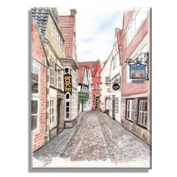 Leinwand 40 x 30 cm Keilrahmen Canvas-Leinen Aquarell Maritim Kunst Druck Kunstdruck Bremen Bremer Schnoor Gasse Nordsee Souvenir Souvenirs